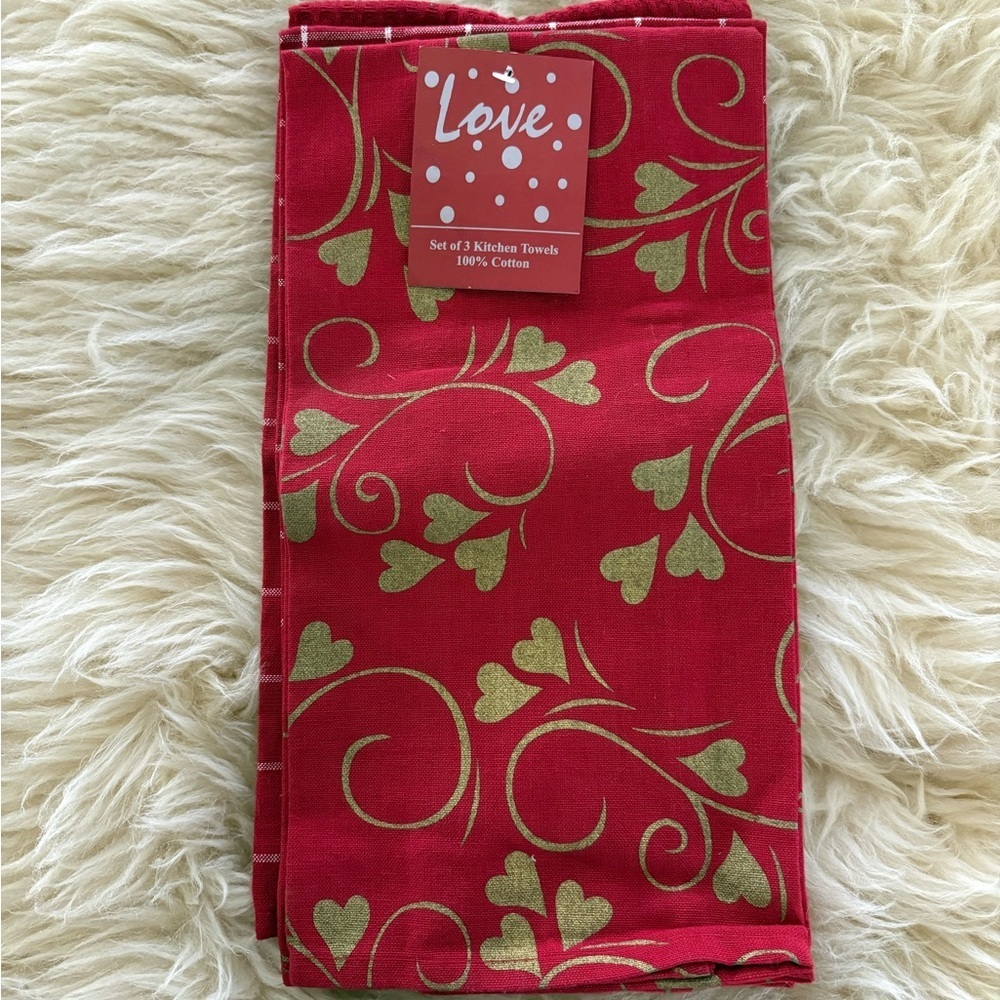❤️ Set/3 Red and Gold Cotton Kitchen Towels